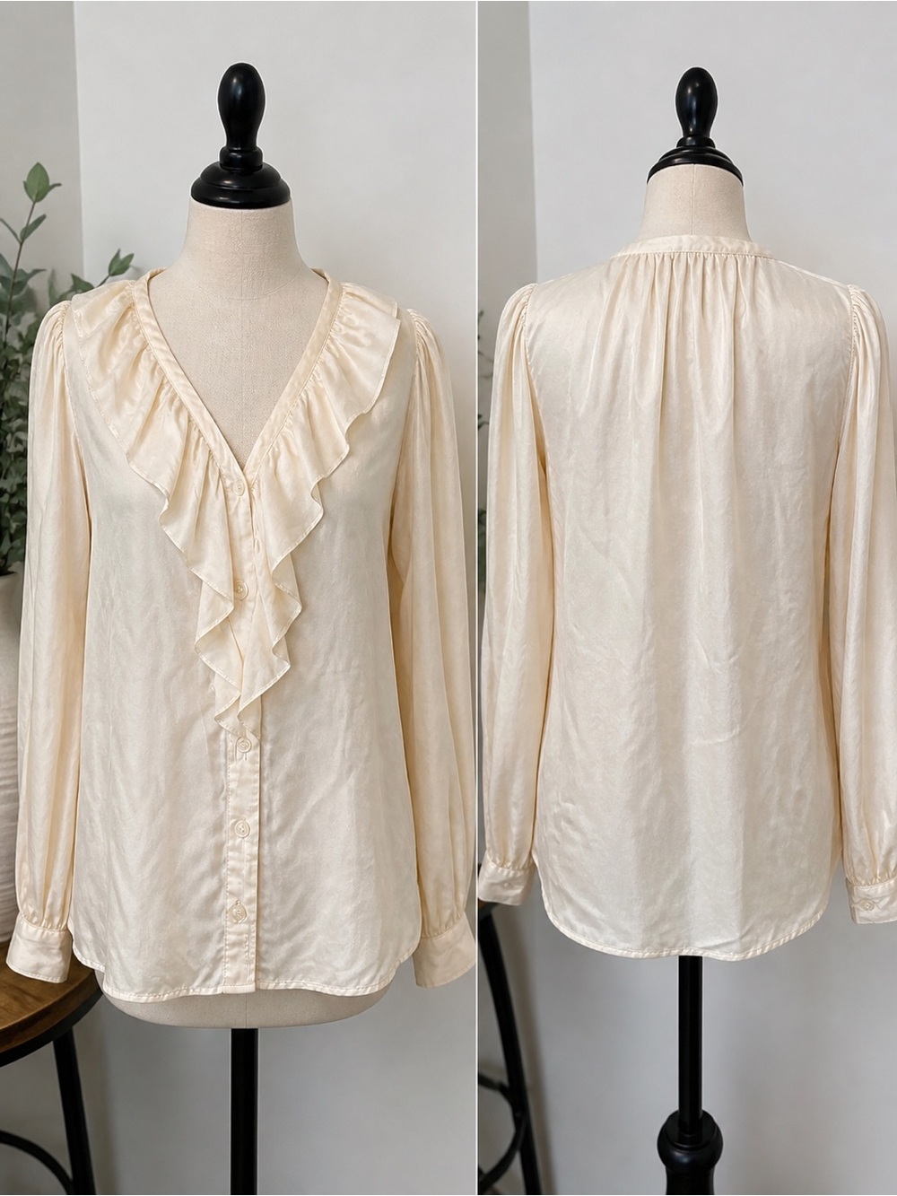 Ice Cream Ruffle V-Neck Blouse 100 silk